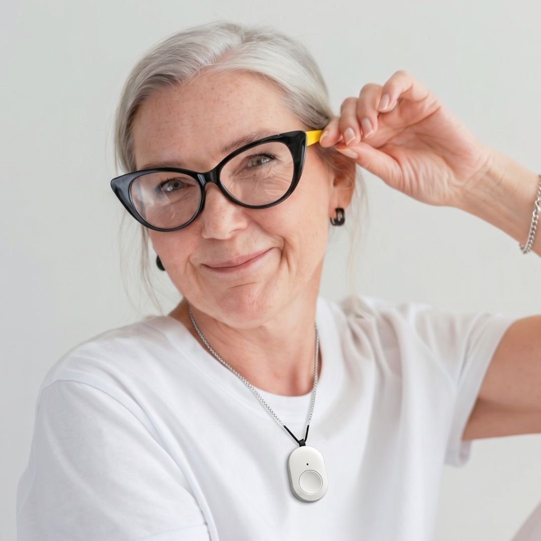 Senior woman smiling at home, wearing a The MedAlert medical alert device
